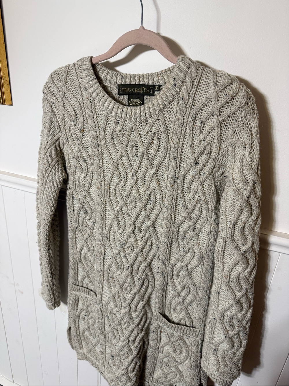 Vintage Women's Cable Knit dresses merino Wool Sweater - Oatmeal